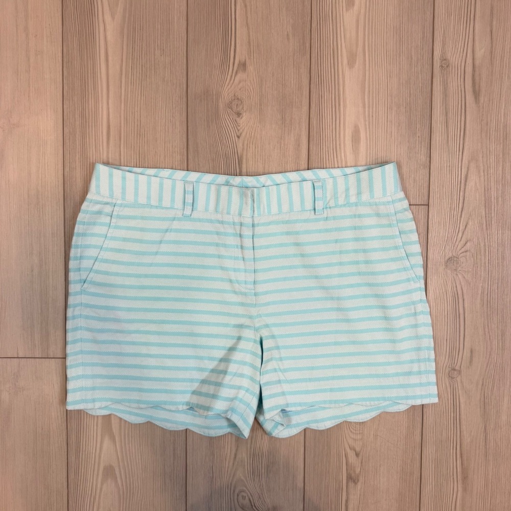 J.McLaughlin Blue White Striped Scallop Hem Shorts Womens 14 Cotton Blend Preppy